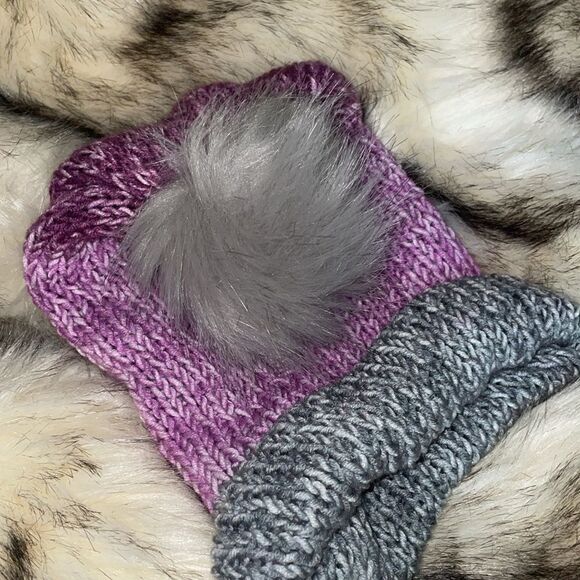 Variegated Pink, Purple, and Grey Beanie w/ Grey Pom Pom - Hand Knit By Douglas - Picture 3 of 4
